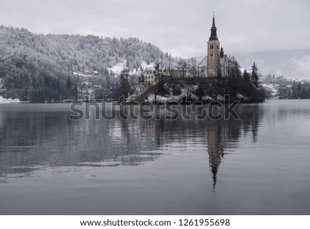 Picture of Pilgrimage Church of the Assumption of Maria on an island on Lake Bled, Slovenia.  Snowy capture, with moody colors