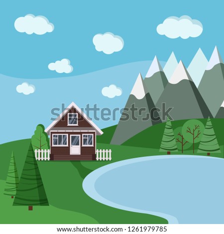 Summer or spring lake and mountains landscape with cartoon country farm brick house with fences, green trees, spruce, clouds, road in cartoon flat style. Vector nature background illustration.
