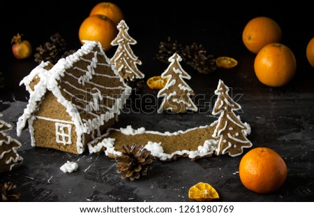 Homemade gingerbread house on black night background, ginger cookies. Christmas dark photo. Tangarines, anis stars, cinnamon sticks and cones. Sweet winter ginger cookies picture.