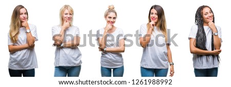 Collage of group of beautiful woman wearing casual white t-shirt over isolated background looking confident at the camera with smile with crossed arms and hand raised on chin. Thinking positive.