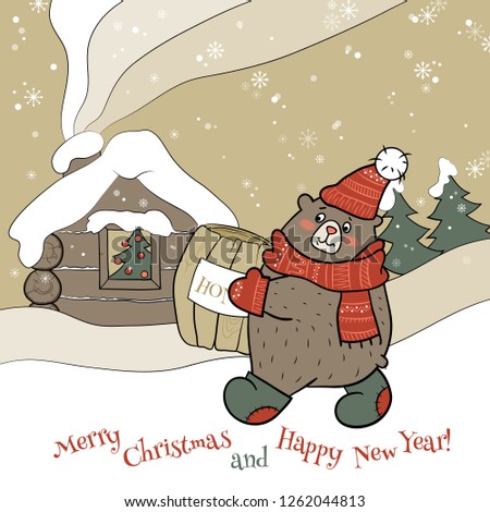 Merry Christmas card with the cute brown bear and honey in red, green and beige tones and English text "Merry Christmas and Happy New Year!"