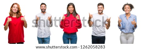 Collage of group chinese, indian, hispanic people over isolated background success sign doing positive gesture with hand, thumbs up smiling and happy. Looking at the camera with cheerful expression