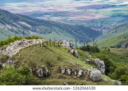 Amazing mountainous landscape. Panoramic green blue hills of Balkan mountains Stara planina. Rocks of Orlovo gnezdo peak, view from st Nikola (Stoletov), Shipka battle and monument of Liberty Bulgaria