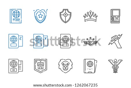 insignia icons set. Collection of insignia with caduceus, passport, lion, shield, zeus, air force, crown. Editable and scalable insignia icons.