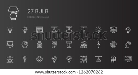 bulb icons set. Collection of bulb with lamp, graphic design, renewable energy, idea, brainstorm, electric tower, torch, thinking, conserve. Editable and scalable bulb icons.