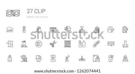 clip icons set. Collection of clip with stationary, feathers, spray, sharpener, mortar, tornado, correction fluid, link, crate, scissors, list. Editable and scalable clip icons.
