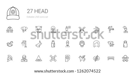 head icons set. Collection of head with brainstorming, pegasus, thinking, skull, witch hat, woman, helmet, wig, egyptian, user, milk, rabbit. Editable and scalable head icons.