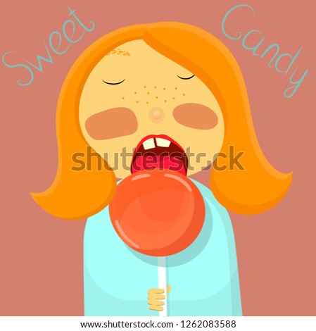 Cute little girl licking  lollipop on a pink background. Cartoon vector illustration. Sweet candy.