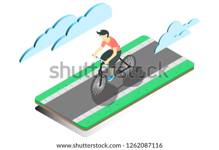 isometric illustration flat design of cycling on the road, during the morning, vector illustration