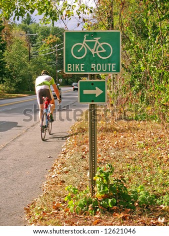 A green bike route sign on the side of the road.