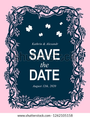 Laser cutting. Template. 'Save the date' tropical greeting card silhouette with liana border and butterflies isolated on pink background. Die cut wedding design. Vector Illustration.
