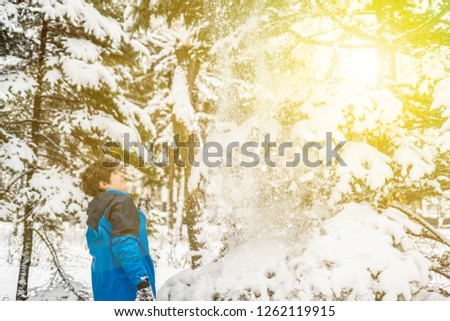 young teenager touching the tree branch covered by snow in the forest, snow fall down