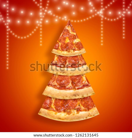 Christmas promotion flyer with pepperoni pizza slice in shape of Christmas tree on orange background. Creative concept new year poster pizza.