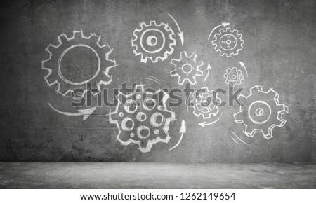 Hand drawn gear mechanism presented on gray wall. 3D rendering.
