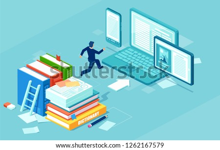 Isometric vector of a businessman switching to digital technology from paper. Business IT concept web infographics.