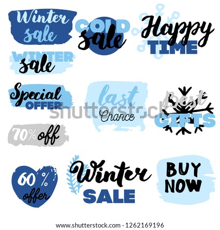 Set of winter sale logos and icons, labels, tags. Hand drawn winter sale badges, set of snow, holiday time, special offer signs and elements set