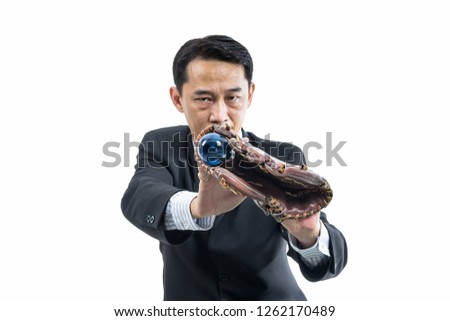 Businessman using baseball glove catch a light bulb isolated photo on white background. Business idea concept.