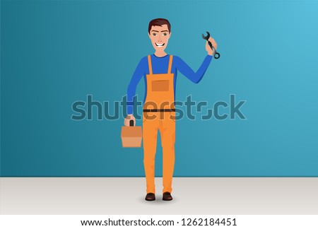 Repairman (service master) with toolbox in hand. Vector illustration flat design. Worker customer service.