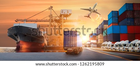 Logistics import export background and transport industry of Container Cargo freight ship and Cargo plane background, Truck transport container on the road to the port Royalty-Free Stock Photo #1262195809