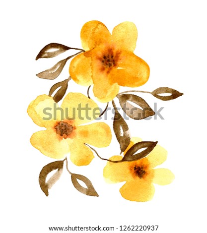 Watercolor yellow flowers isolated on white background. Painted in a simple style flowers.