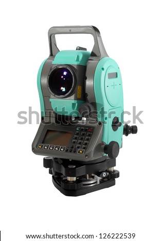 Modern, compact multipurpose theodolite isolated on a white background.