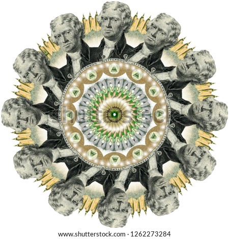 Mandala kaleidoscope of elements american dollar. Abstract money background raster pattern repeat mandala circle