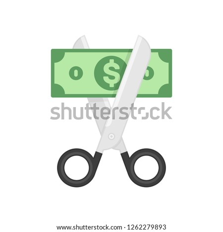 Scissors cutting money. Sale and Discounts symbol. Concept of cost reduction or cut price. Vector illustration in flat style. EPS 10.