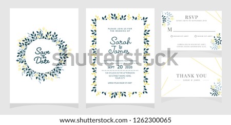 wedding invitation card template Vector illustration. Set of card with flower rose, leaves. 