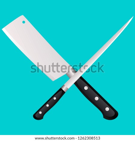 Two kitchen knives cross on a colored background. Vector illustration in 3d style