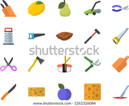 Color flat icon set saw flat vector, ax, knives, scissors, cutting board, grater, lemon, cheese, chop, sashimi, plum, pear, secateurs, lawn mower, scalpel