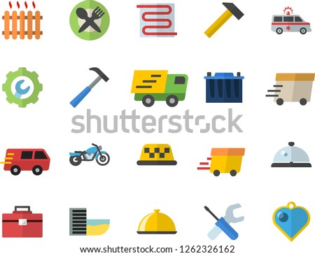 Color flat icon set tool flat vector, bag, repair, warm floor, hammer, dish, accumulator, radiator, trucking, express delivery, ambulance, motorcycle fector, hotel first line, table setting, taxi