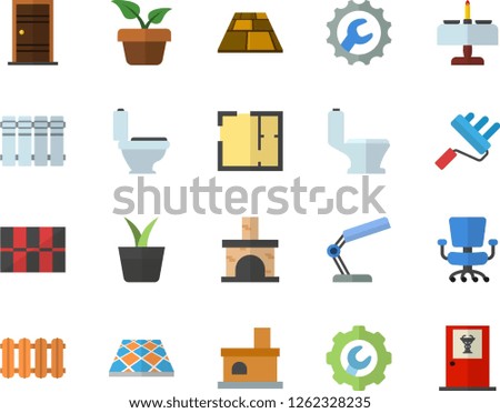 Color flat icon set paint roller flat vector, toilet, house layout, Entrance door, tile, repair, flooring, heating batteries, home plant, fireplace, office chair, reading lamp, doctor's