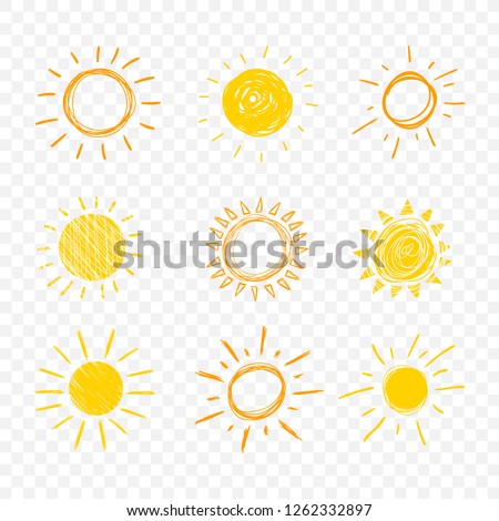 Vector Doodle Sun, Set of Hand Drawn Funny Icons Isolated on Light Transparent Background,.