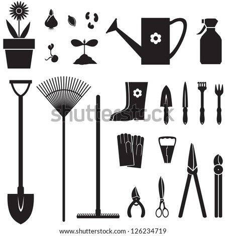 Set of silhouette images of garden equipment Royalty-Free Stock Photo #126234719