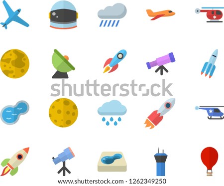 Color flat icon set rain flat vector, pond, pool, satellite antenna, rocket, helicopter, moon, telescope, astronaut helmet fector, aircraft, airport tower, balloon
