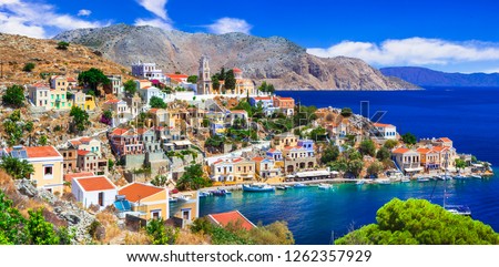 Traditional colorful Greece series - beautiful Symi island (near Rhodes), Dodecanese Royalty-Free Stock Photo #1262357929