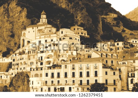 Amazing Vintage Image in Black and White - Amalfi Coast Village Landscape - Italy