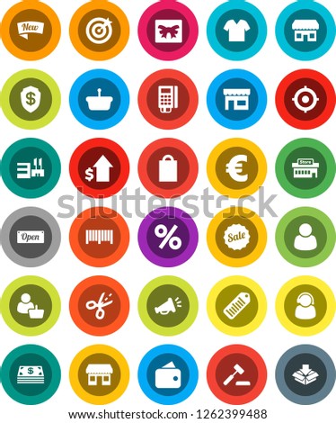 White Solid Icon Set- dollar growth vector, target, euro sign, office, barcode, gift, wallet, cash, sale, new, open, shopping bag, percent, store, mall, customer, support, card reader, basket