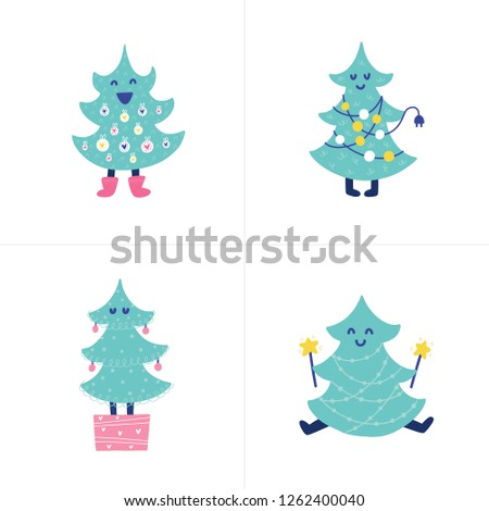 Doodles different Christmas trees. Color vector items. Illustration with new year decor. Design for prints and cards.