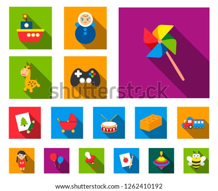 Children's toy flat icons in set collection for design. Game and bauble vector symbol stock web illustration.