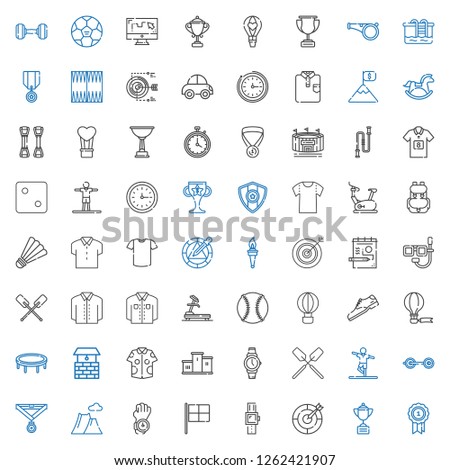 sport icons set. Collection of sport with medal, trophy, dart board, smartwatch, racing, watch, mountain, barbell, stretching, oar, podium. Editable and scalable sport icons.