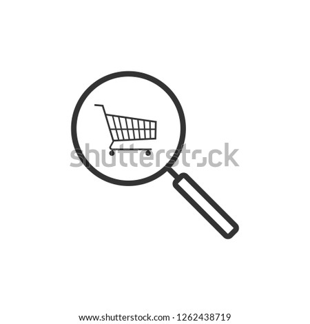 Magnifying glass, shopping cart icon. Vector illustration, flat design.