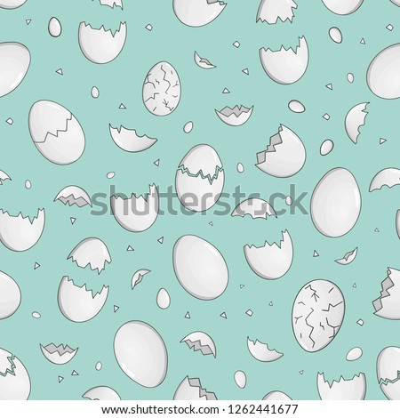 Vector seamless pattern with eggs and pieces of eggshell on blue background. Cute cartoon style background. Hand drawn doodle backdrop for Easter. Children illustration