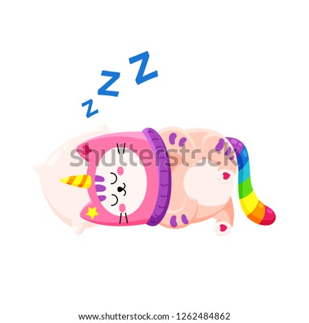 Cute cartoon vector doodle cat. Kitten in a unicorn hat. Magic character. Template for greeting cards, design, textiles. Funny cat sleeping on a pillow