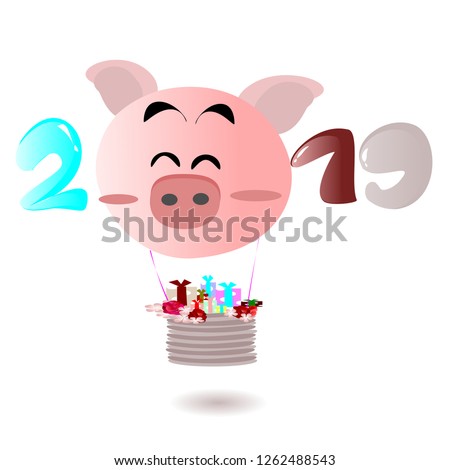 Year of the Pig and New Year 2019 and Valentine Day. Flat illustration for decoration. Colorful cute cartoon character on white background isolated.