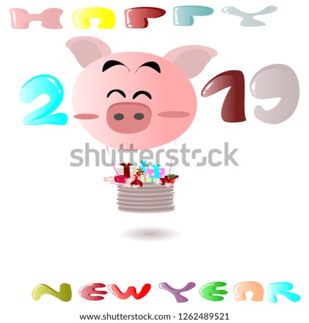 Year of the Pig and New Year 2019 and Chinese New Year.  Vector flat illustration for decoration. Colorful cute cartoon character on white background isolated.