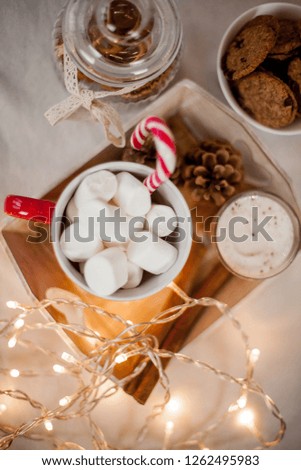 A cup of hot cocoa with marshmallows, cookies, Christmas candy, candies, Christmas lights. Christmas mood. The decor. Holidays. New Year.