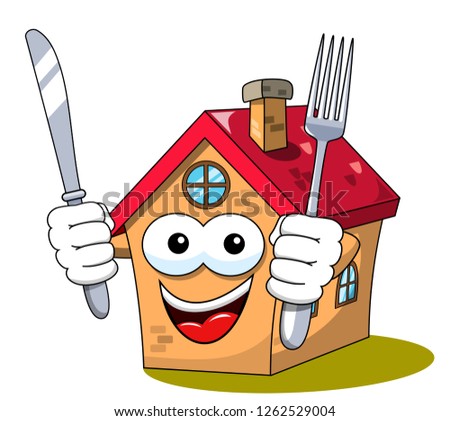 Happy Cartoon fanny house holding fork and knife isolated on white