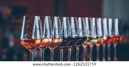 Wine glasses in a row. Buffet table celebration of wine tasting. Nightlife, celebration and entertainment concept. Horizontal, cold toned image, wide screen banner format Royalty-Free Stock Photo #1262531719