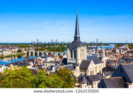 Saint Pierre church and Saumur city aerial panoramic view, Loire valley in France Royalty-Free Stock Photo #1262535001